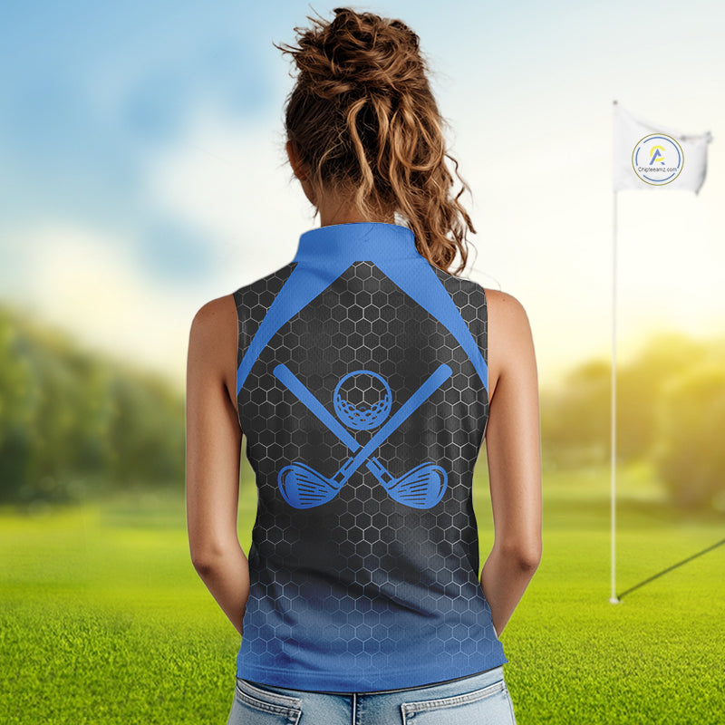 Women sleeveless polo shirt custom black and blue hexagon pattern golf outfits ladies, cool golf gift NQS10317