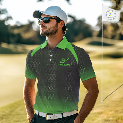 Mens golf polo shirts custom black and green hexagon pattern golf outfits men, cool golf gifts NQS10318