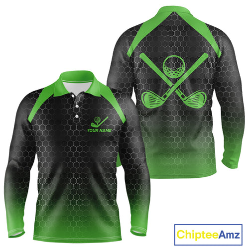 Mens golf polo shirts custom black and green hexagon pattern golf outfits men, cool golf gifts NQS10318