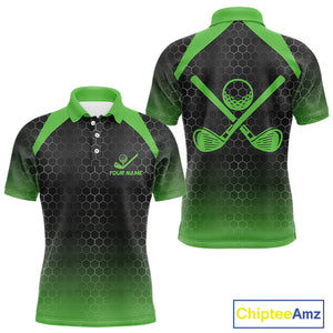 Mens golf polo shirts custom black and green hexagon pattern golf outfits men, cool golf gifts NQS10318