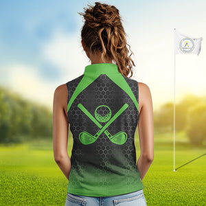 Women sleeveless polo shirt custom black and green hexagon pattern golf outfit ladies, cool golf gift NQS10318