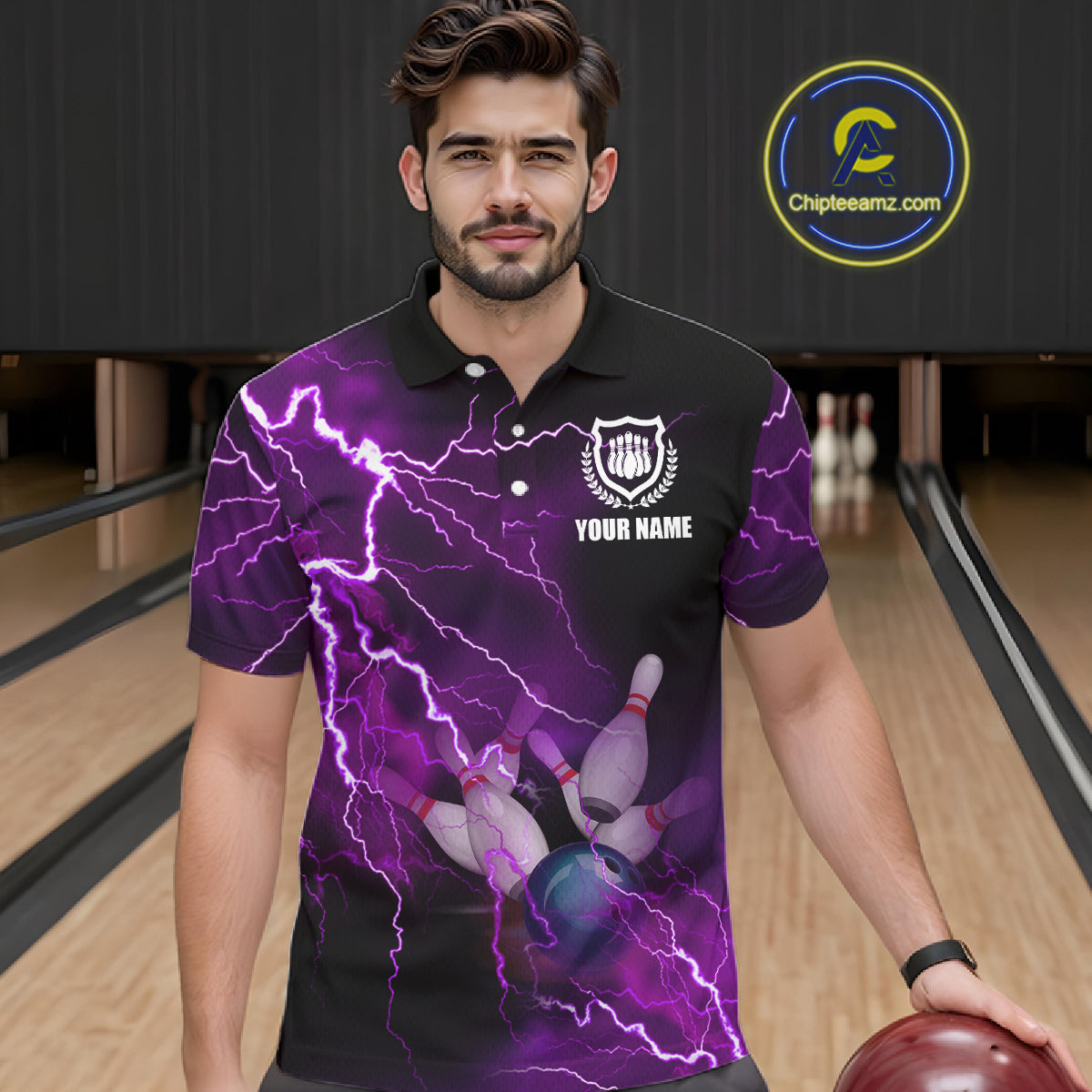 Mens polo bowling shirts Custom purple lightning thunder Bowling Team Jersey, gift for team Bowlers NQS6220