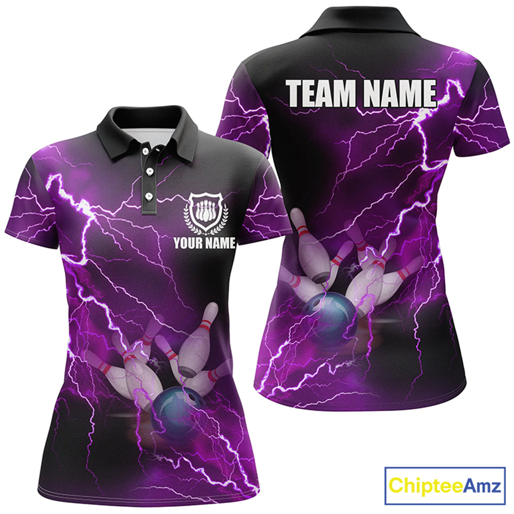 Women bowling polo shirts Custom purple lightning thunder Bowling Team Jersey, gift for team Bowlers NQS6220