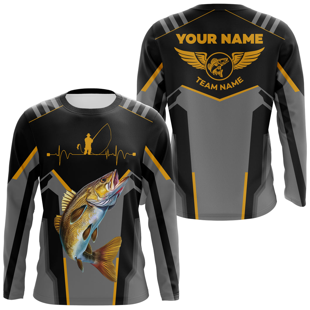 Personalized Black Walleye Fishing jerseys, Team Walleye Fishing Long Sleeve tournament shirts| Yellow NQS6223