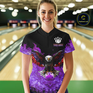 Purple Flame Smoke American Flag Eagle Skull Women Bowling Shirt Custom Patriotic Bowling Team Jersey NQS10525