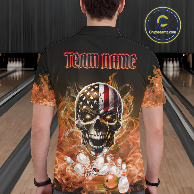 Orange Flame Smoke American Flag Eagle Skull Mens Bowling Shirts Custom Patriotic Bowling Team Jersey NQS10526