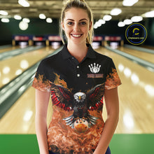 Load image into Gallery viewer, Orange Flame Smoke American Flag Eagle Skull Women Bowling Shirt Custom Patriotic Bowling Team Jersey NQS10526