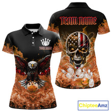 Load image into Gallery viewer, Orange Flame Smoke American Flag Eagle Skull Women Bowling Shirt Custom Patriotic Bowling Team Jersey NQS10526