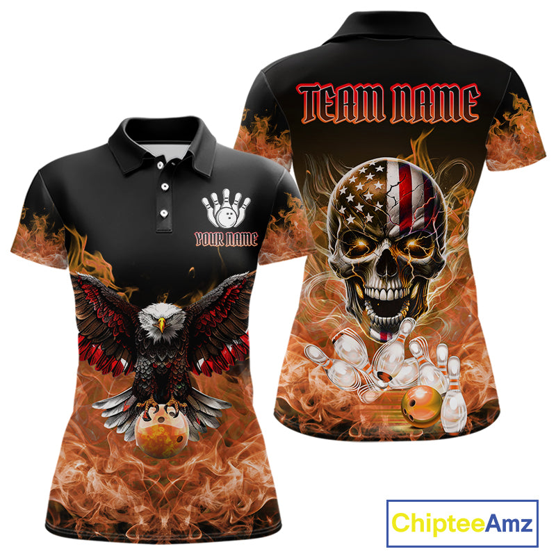 Orange Flame Smoke American Flag Eagle Skull Women Bowling Shirt Custom Patriotic Bowling Team Jersey NQS10526