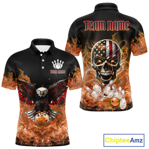 Orange Flame Smoke American Flag Eagle Skull Mens Bowling Shirts Custom Patriotic Bowling Team Jersey NQS10526