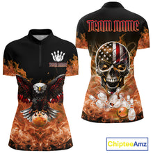 Load image into Gallery viewer, Orange Flame Smoke American Flag Eagle Skull Women Bowling Shirt Custom Patriotic Bowling Team Jersey NQS10526