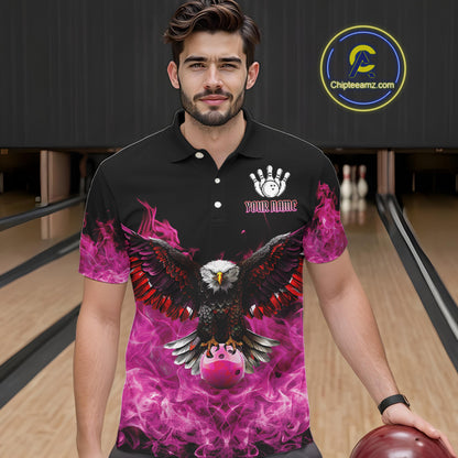 Pink Flame Smoke American Flag Eagle Skull Mens Bowling Shirts Custom Patriotic Bowling Team Jersey NQS10527