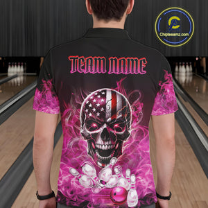 Pink Flame Smoke American Flag Eagle Skull Mens Bowling Shirts Custom Patriotic Bowling Team Jersey NQS10527