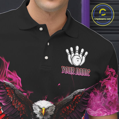 Pink Flame Smoke American Flag Eagle Skull Mens Bowling Shirts Custom Patriotic Bowling Team Jersey NQS10527