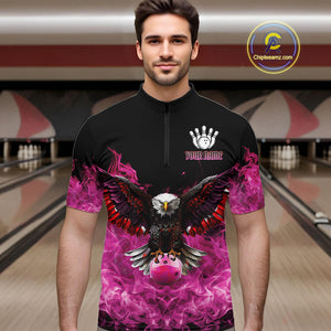 Pink Flame Smoke American Flag Eagle Skull Mens Bowling Shirts Custom Patriotic Bowling Team Jersey NQS10527