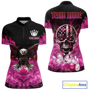 Pink Flame Smoke American Flag Eagle Skull Women Bowling Shirt Custom Patriotic Bowling Team Jersey NQS10527