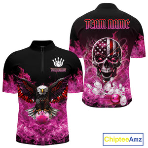Pink Flame Smoke American Flag Eagle Skull Mens Bowling Shirts Custom Patriotic Bowling Team Jersey NQS10527