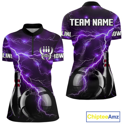 Purple Lightning Thunder Black Bowling Polo, 1/4 zip Shirt for Women custom storm bowling team jersey NQS10528