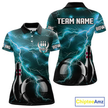 Load image into Gallery viewer, Cyan Blue Lightning Thunder Black Bowling Polo, 1/4 zip Shirt for Women custom bowling team jersey NQS10529