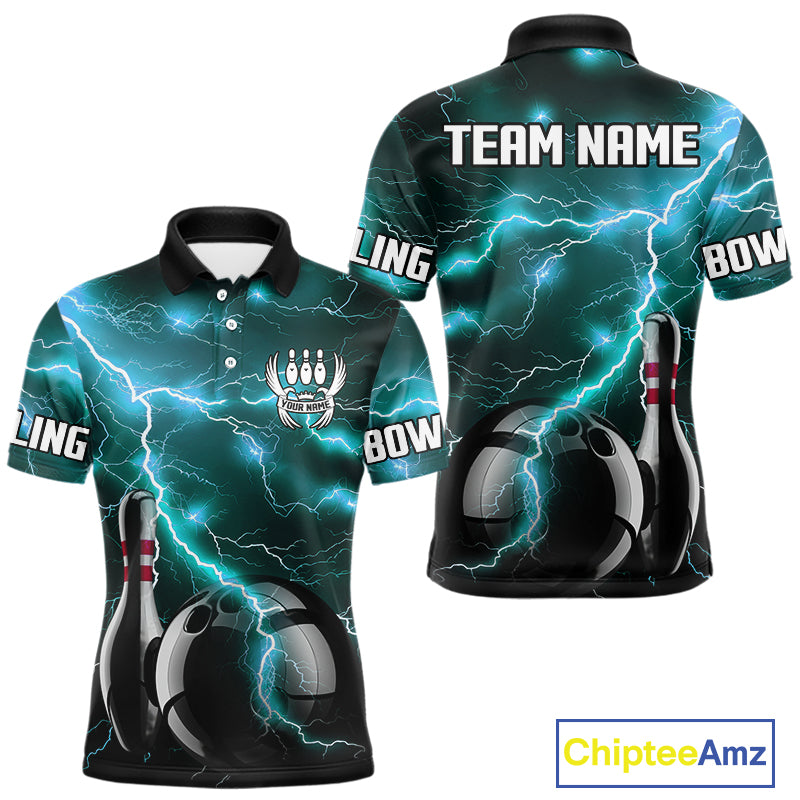 Cyan Blue Lightning Thunder Black Bowling Polo, 1/4 zip Shirt for Men custom bowling team jerseys NQS10529