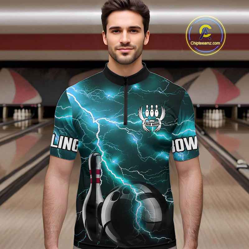 Cyan Blue Lightning Thunder Black Bowling Polo, 1/4 zip Shirt for Men custom bowling team jerseys NQS10529