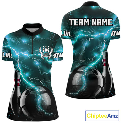 Cyan Blue Lightning Thunder Black Bowling Polo, 1/4 zip Shirt for Women custom bowling team jersey NQS10529