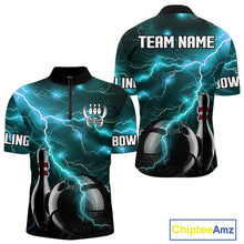 Load image into Gallery viewer, Cyan Blue Lightning Thunder Black Bowling Polo, 1/4 zip Shirt for Men custom bowling team jerseys NQS10529