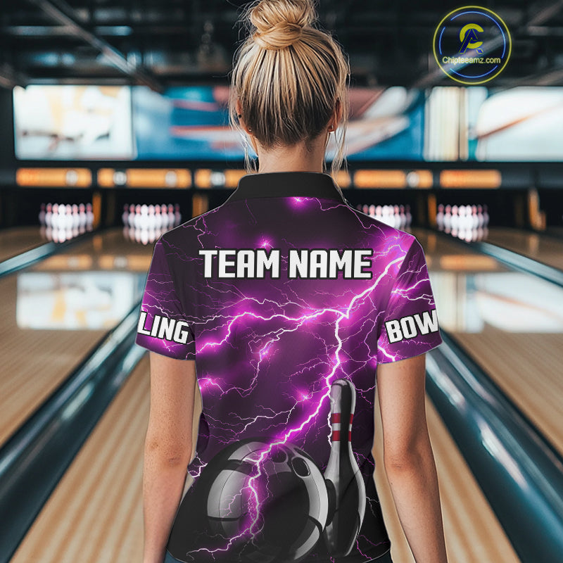 Pink Lightning Thunder Black Bowling Polo, Quarter zip Shirt for Women custom bowling team jersey NQS10530