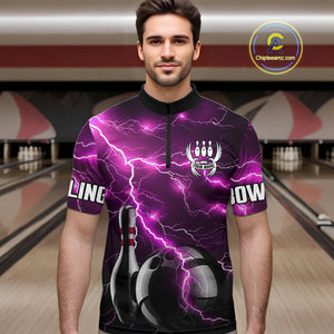 Pink Lightning Thunder Black Bowling Polo, Quarter zip Shirt for Men custom bowling team jerseys NQS10530
