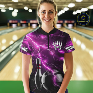 Pink Lightning Thunder Black Bowling Polo, Quarter zip Shirt for Women custom bowling team jersey NQS10530