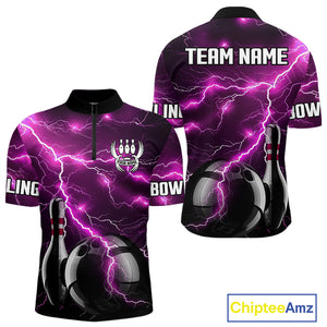 Pink Lightning Thunder Black Bowling Polo, Quarter zip Shirt for Men custom bowling team jerseys NQS10530