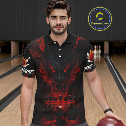 Black And Red Dragon Bowling Shirts For Men Custom Dragon Bowling League Shirts Outfits NQS10948