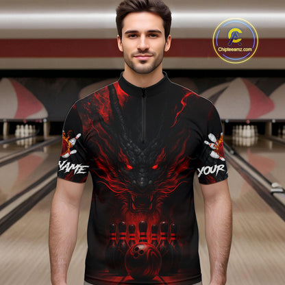Black And Red Dragon Bowling Shirts For Men Custom Dragon Bowling League Shirts Outfits NQS10948
