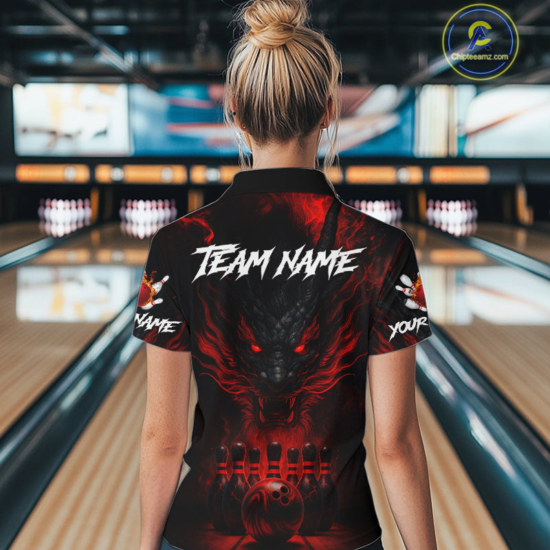 Black And Red Dragon Bowling Shirts For Women Custom Dragon Bowling League Shirts Outfits NQS10948
