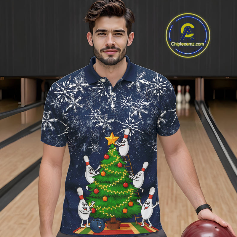 Funny Christmas Tree snowflake Bowling shirts for men Custom Xmas Bowling Outfits Men | Navy NQS10951