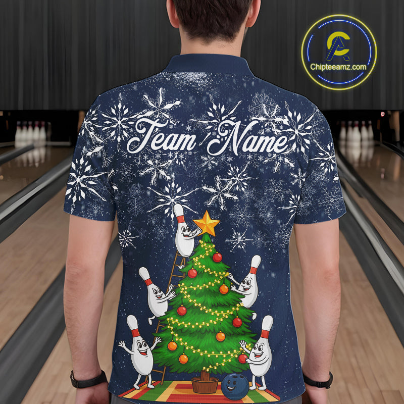 Funny Christmas Tree snowflake Bowling shirts for men Custom Xmas Bowling Outfits Men | Navy NQS10951