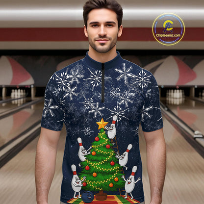 Funny Christmas Tree snowflake Bowling shirts for men Custom Xmas Bowling Outfits Men | Navy NQS10951