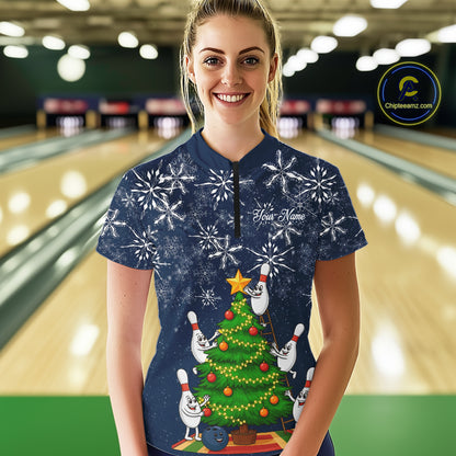 Funny Christmas Tree snowflake Bowling shirts for Women Custom Xmas Bowling outfits for women | Navy NQS10951