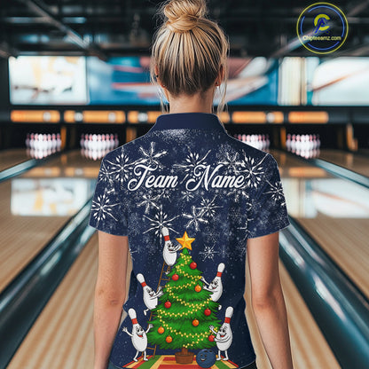 Funny Christmas Tree snowflake Bowling shirts for Women Custom Xmas Bowling outfits for women | Navy NQS10951