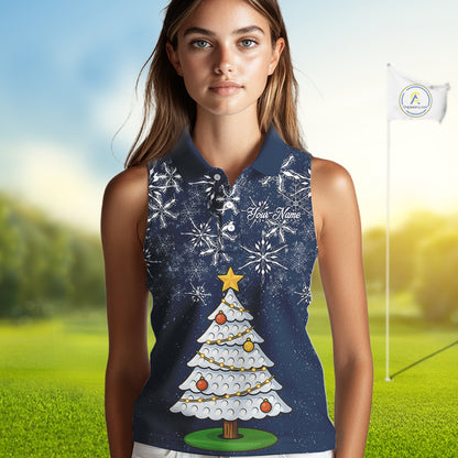 Funny Christmas Tree snowflake Womens sleeveless polo shirt Custom ladies Christmas golf shirt | Navy NQS10952