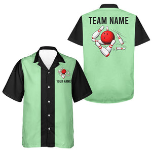 Personalized Mint Green and Black Retro Bowling hawaiian shirts Custom vintage Team button up shirts NQS9045