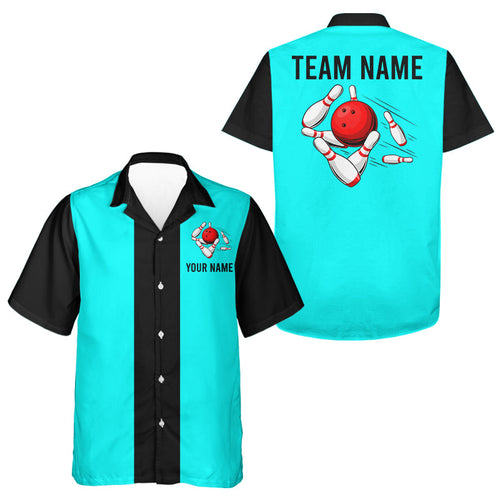 Personalized Cyan Blue and Black Retro Bowling hawaiian shirts Custom vintage Team button up shirts NQS9046