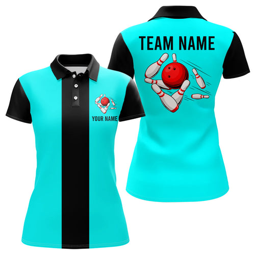 Personalized Cyan Blue and Black Retro Bowling Shirts For Women custom vintage bowling team jerseys NQS9046