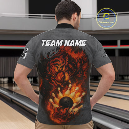 Personalized Tiger Bowling Shirts For Men Custom Gray grunge Flame Tiger Bowling Team Jerseys NQS11137