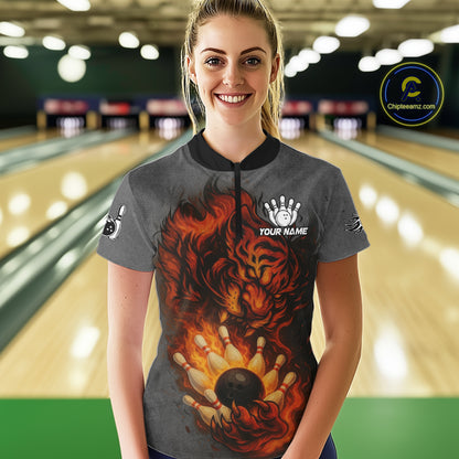 Personalized Tiger Bowling Shirts For Women Custom Gray grunge Flame Tiger Bowling Team Jerseys NQS11137