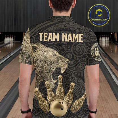 Black and Gold Lion Tribal Bowling Polo, 1/4 Zip Shirts For Men Custom Retro Bowling Team Jerseys NQS11149