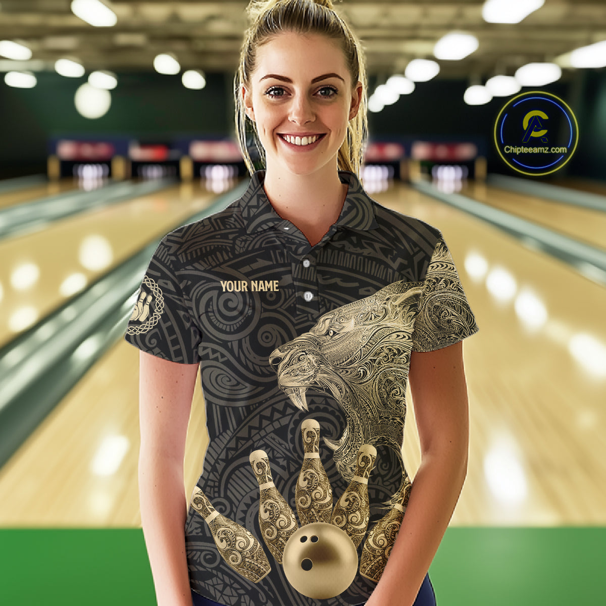 Black and Gold Lion Tribal Bowling Polo, 1/4 Zip Shirts For Women Custom Retro Bowling Team Jerseys NQS11149