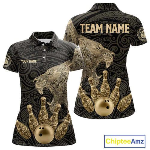 Black and Gold Lion Tribal Bowling Polo, 1/4 Zip Shirts For Women Custom Retro Bowling Team Jerseys NQS11149