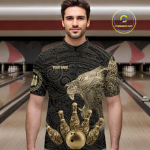 Load image into Gallery viewer, Black and Gold Lion Tribal Bowling Polo, 1/4 Zip Shirts For Men Custom Retro Bowling Team Jerseys NQS11149