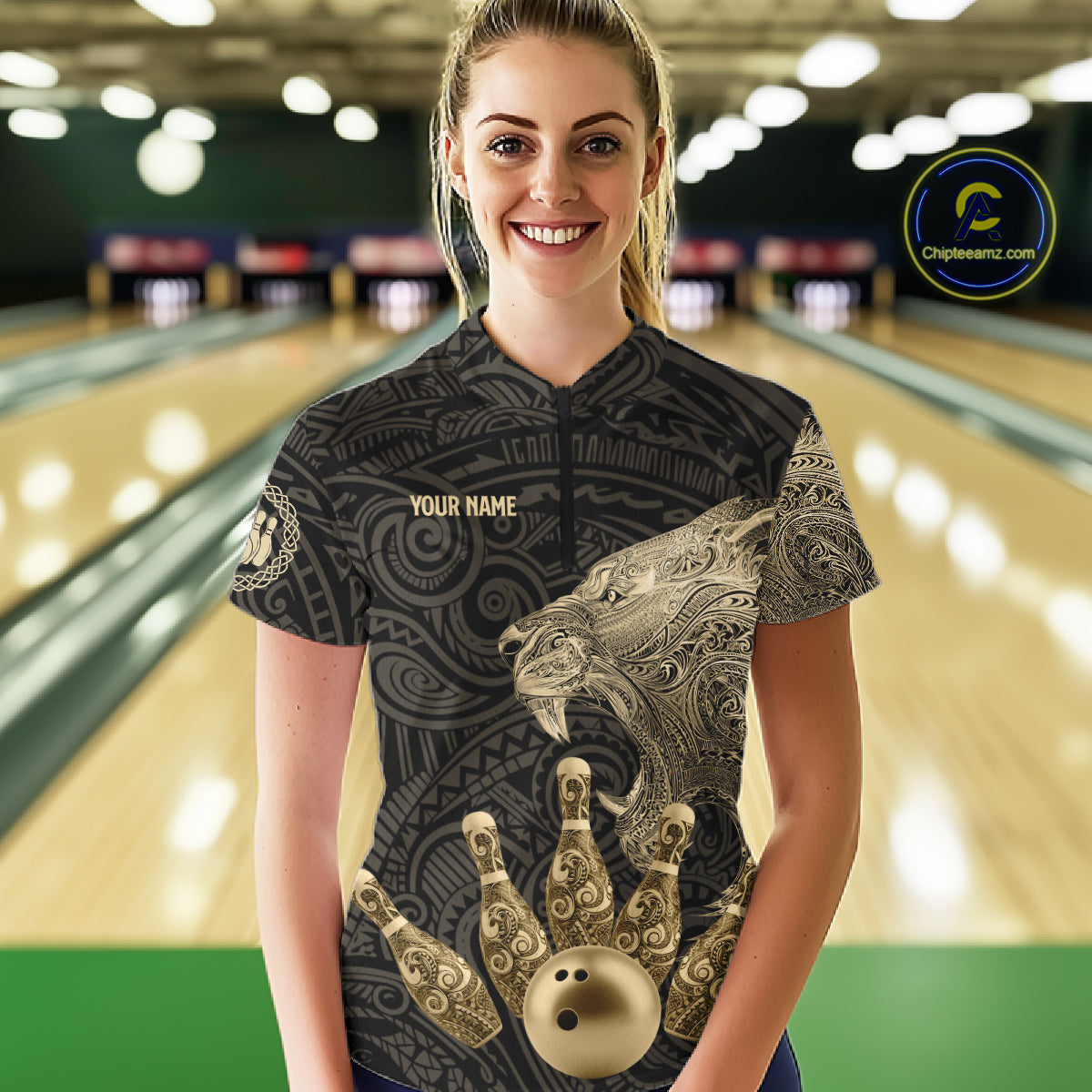 Black and Gold Lion Tribal Bowling Polo, 1/4 Zip Shirts For Women Custom Retro Bowling Team Jerseys NQS11149